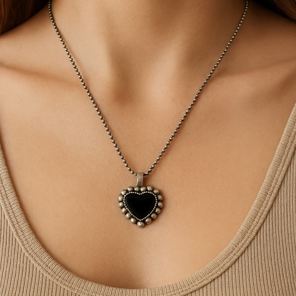 Heart Necklace Black Enamel on Silvertone Metal Ball chain 24”